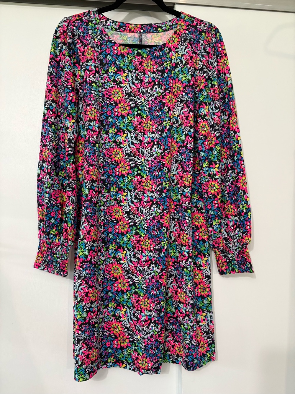 Lilly Pulitzer size medium long sleeve mini swing dress black with neon floral